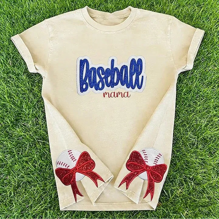 Personalized Custom Glitter Embroidered Baseball Mom Washed T-Shirt with Side Bow