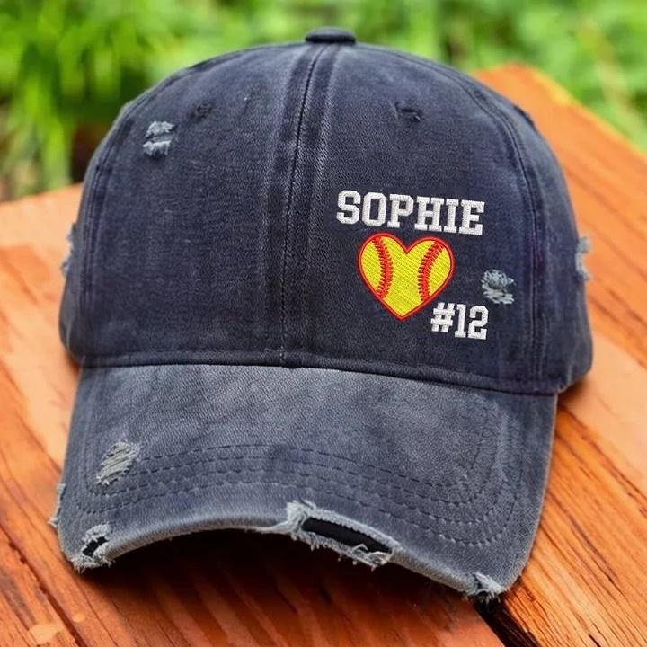 Softball Heart with Name & Number Distressed Baseball Cap Softball Mom Gift