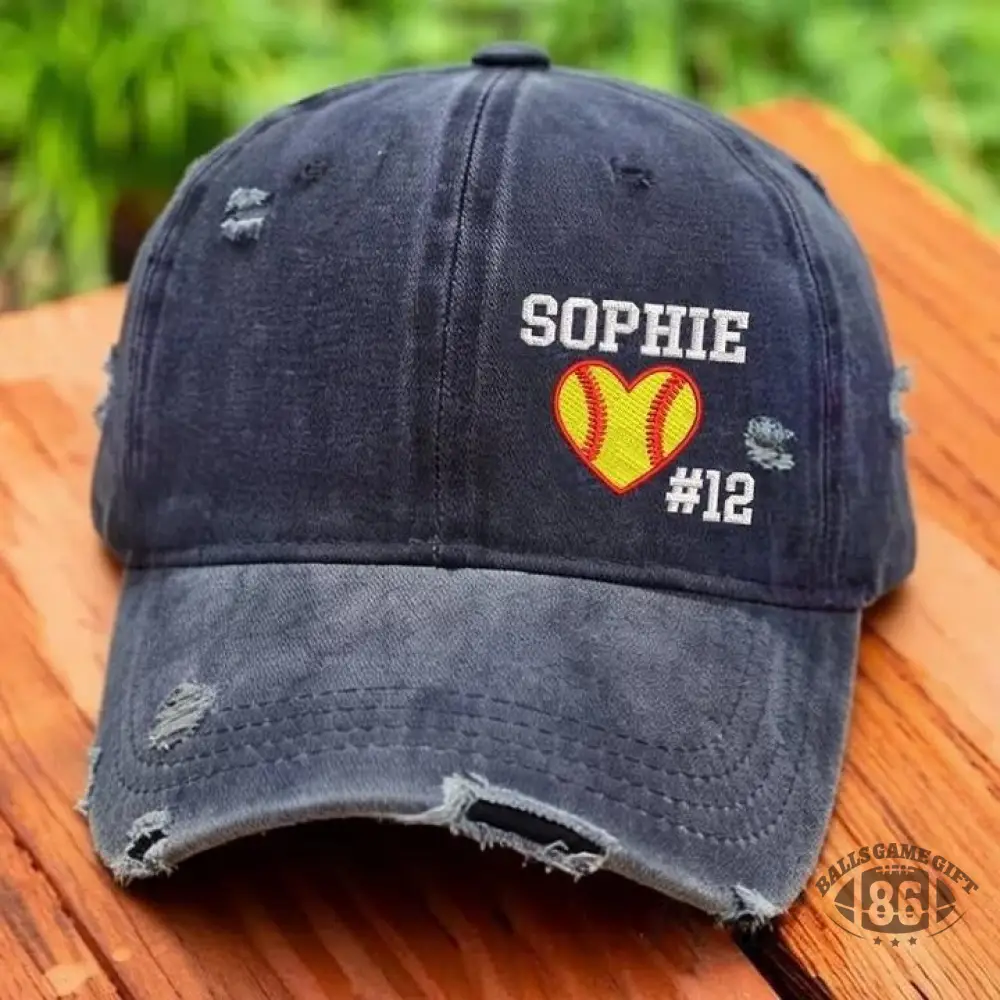 Softball Heart with Name & Number Distressed Baseball Cap Softball Mom Gift