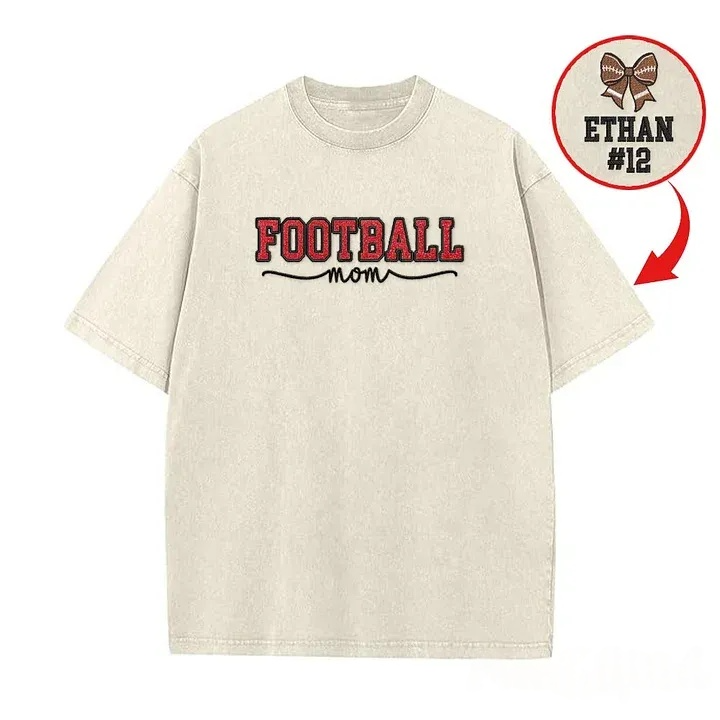 Glitter Embroidered Football Mom Proud Sport Mom Washed T-Shirt