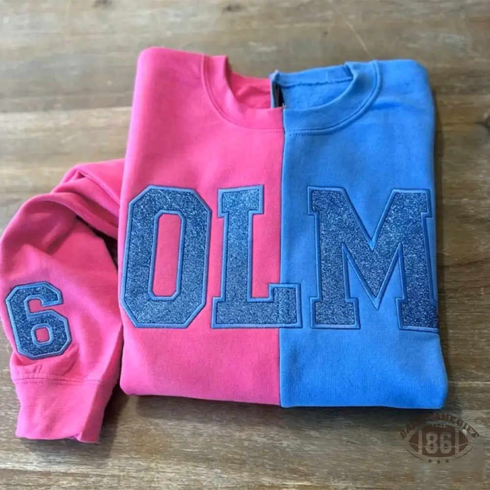 Custom Split Two-Tone Sweatshirt - Glitter Embroidered Sport Team Crewneck