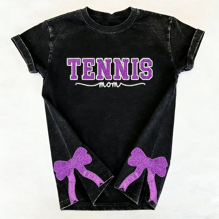 Embroidered Tennis Mom Dad Washed T-Shirt with Glitter Side Bow Vintage T-shirt