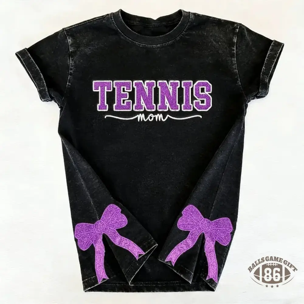 Embroidered Tennis Mom Dad Washed T-Shirt with Glitter Side Bow Vintage T-shirt