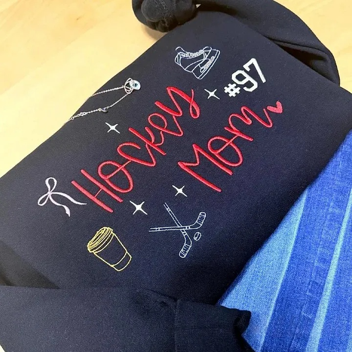 Custom Embroidered Hockey Mom Sweatshirt/Hoodie/T-Shirt Custom Number & Team Color