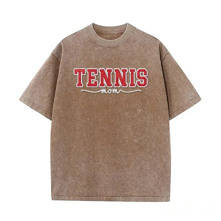 Embroidered Tennis Mom Dad Washed T-Shirt with Glitter Side Bow Vintage T-shirt