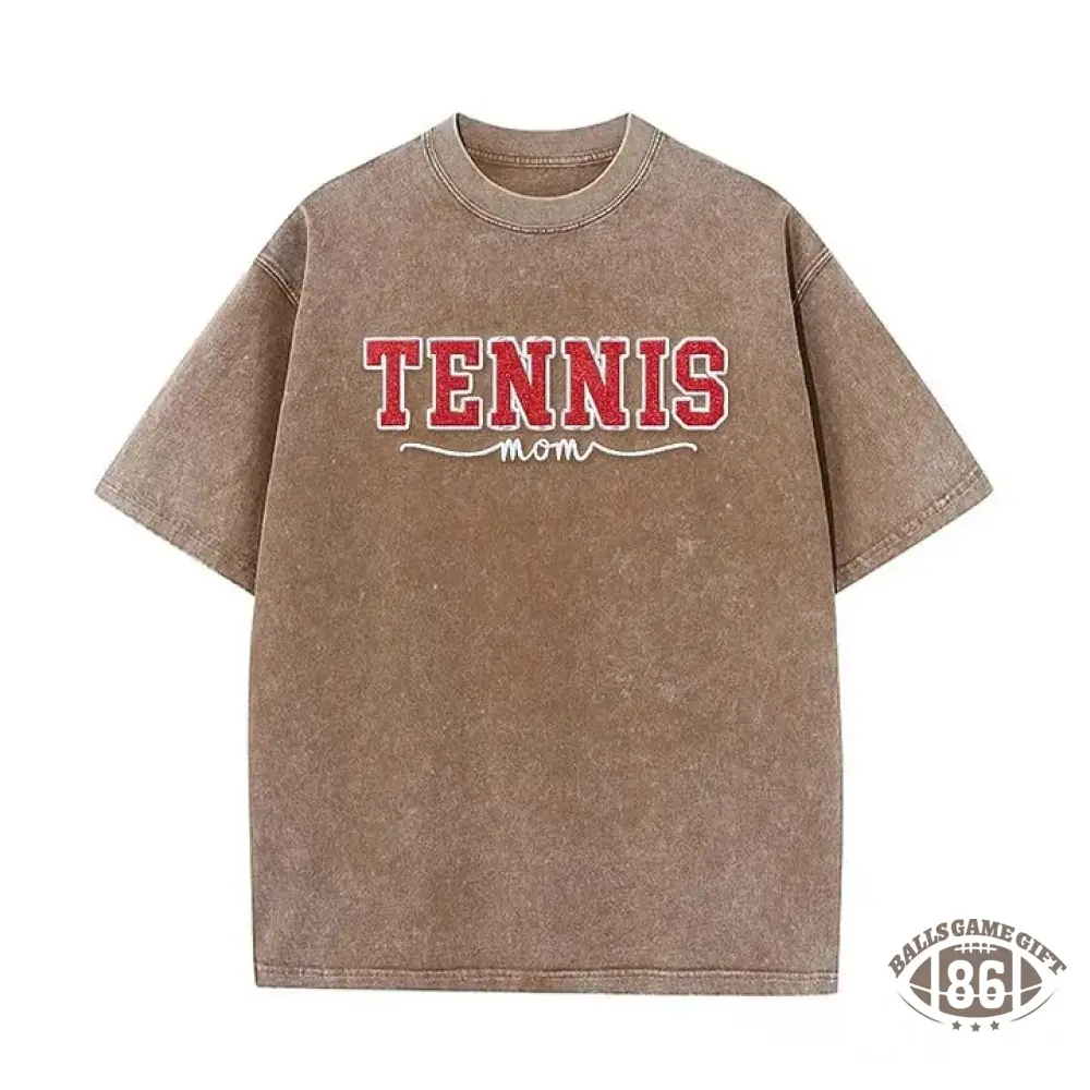Embroidered Tennis Mom Dad Washed T-Shirt with Glitter Side Bow Vintage T-shirt