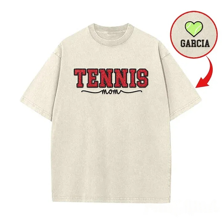 Embroidered Tennis Mom Dad Washed T-Shirt with Glitter Side Bow Vintage T-shirt