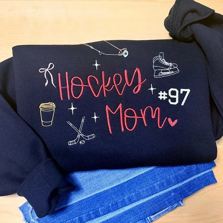 Custom Embroidered Hockey Mom Sweatshirt/Hoodie/T-Shirt Custom Number & Team Color