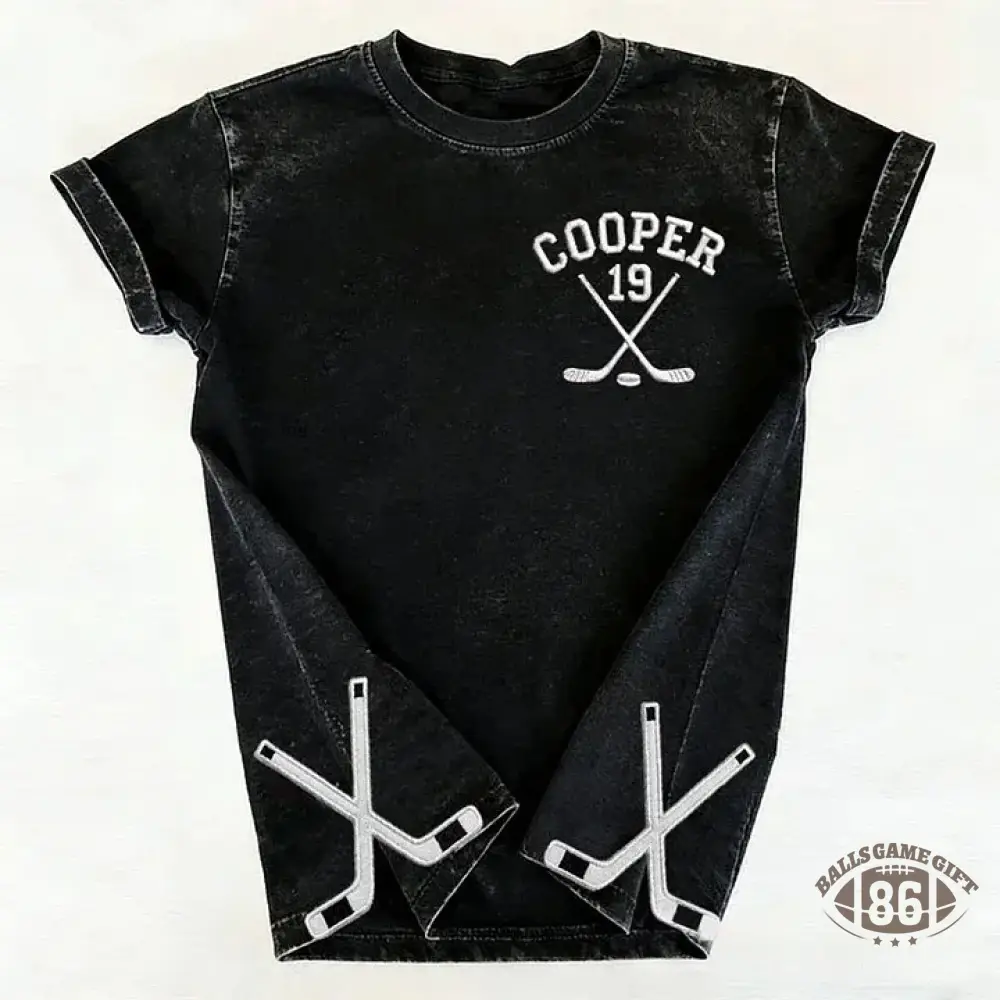 Personalized Custom Embroidered Hockey Washed T-Shirt with Side Crossed Hockey Sticks
