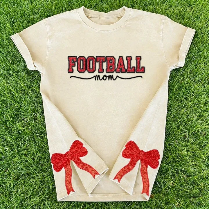 Glitter Embroidered Football Mom Proud Sport Mom Washed T-Shirt