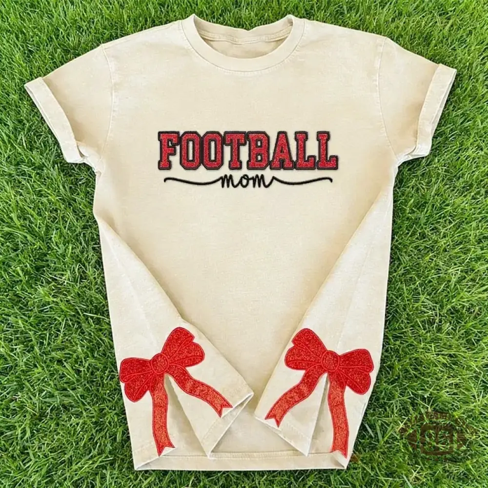 Glitter Embroidered Football Mom Proud Sport Mom Washed T-Shirt