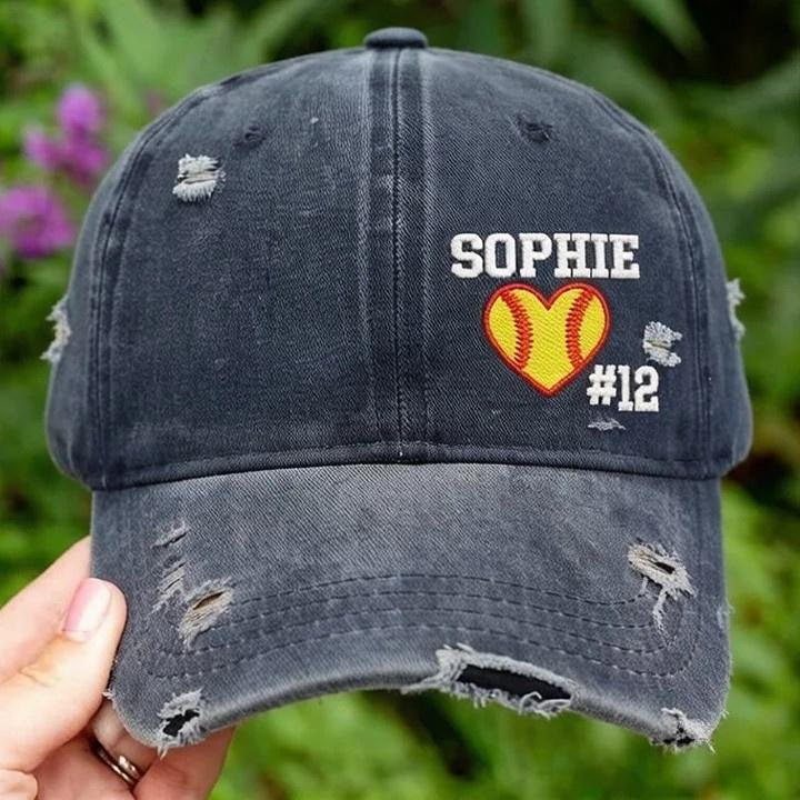 Softball Heart with Name & Number Distressed Baseball Cap Softball Mom Gift