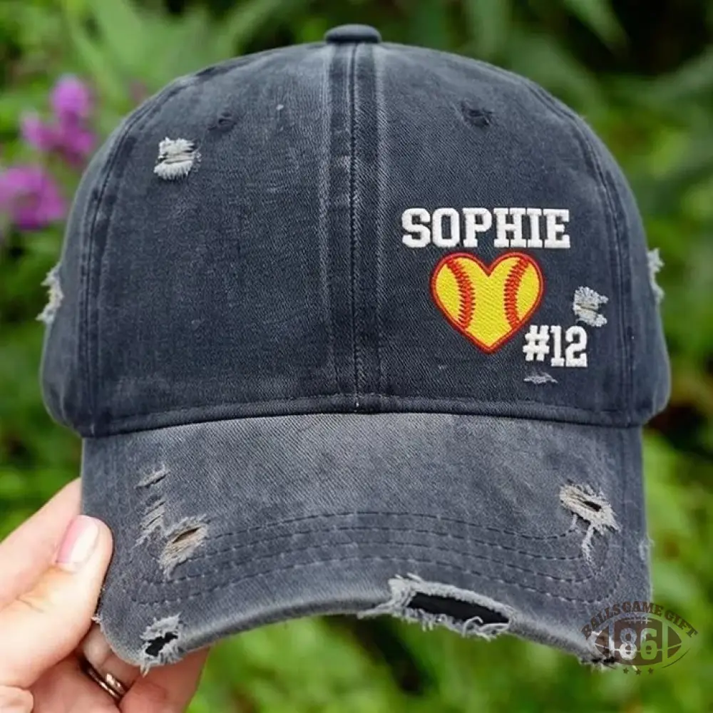 Softball Heart with Name & Number Distressed Baseball Cap Softball Mom Gift