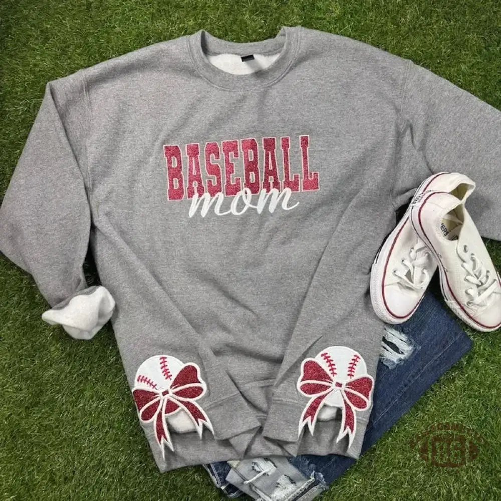 Baseball Bow Sport Mom Glitter Embroidery T-Shirt , Sweatshirt