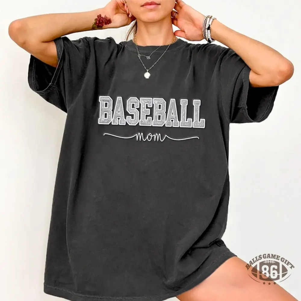 Proudstitch Baseball Mom Dad Glitter Embroidered Washed T-shirt with Side Bow