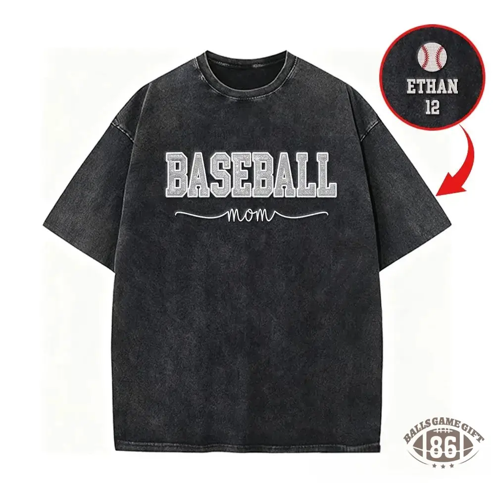 Proudstitch Baseball Mom Dad Glitter Embroidered Washed T-shirt with Side Bow