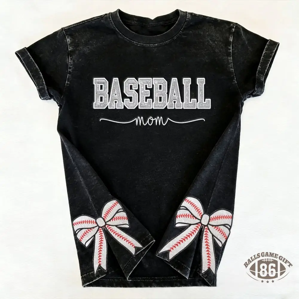 Proudstitch Baseball Mom Dad Glitter Embroidered Washed T-shirt with Side Bow