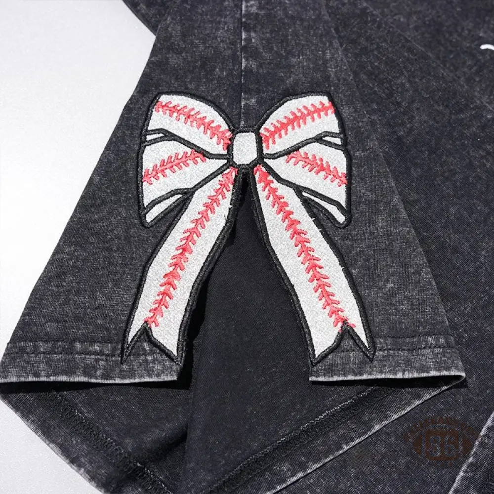 Proudstitch Baseball Mom Dad Glitter Embroidered Washed T-shirt with Side Bow