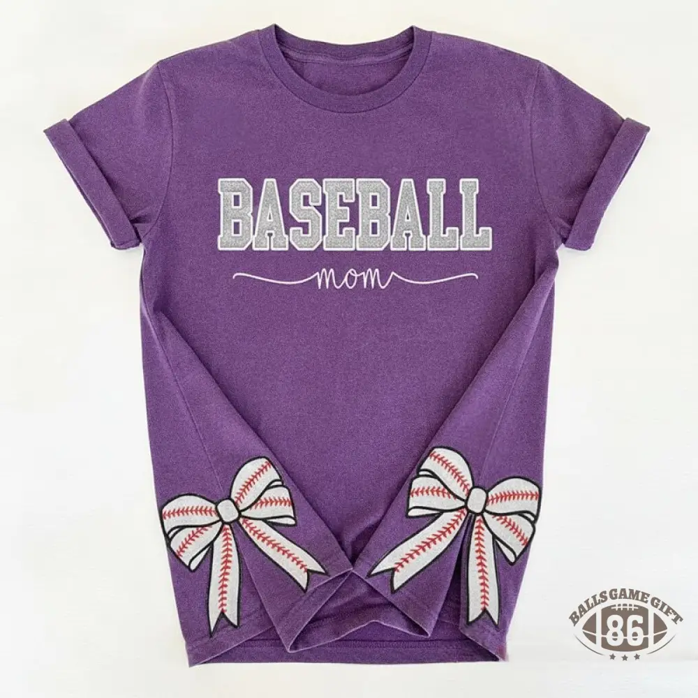 Proudstitch Baseball Mom Dad Glitter Embroidered Washed T-shirt with Side Bow