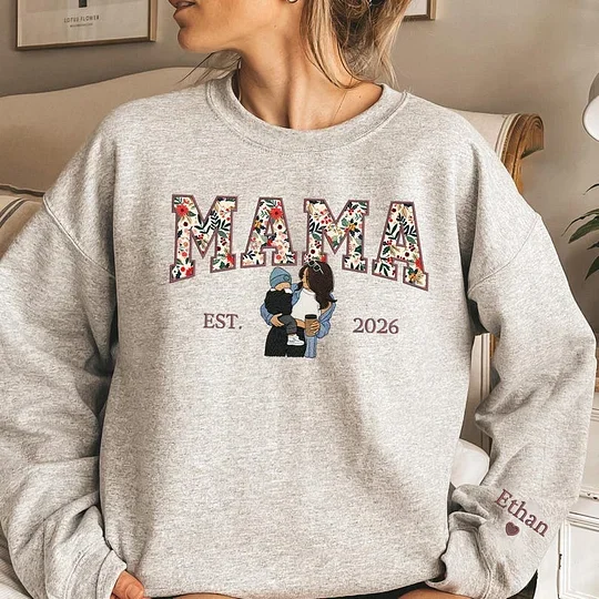 Mama Sweatshirt Floral Embroidered Portrait Custom Sleeve Name Mothers Day Gift for Mom