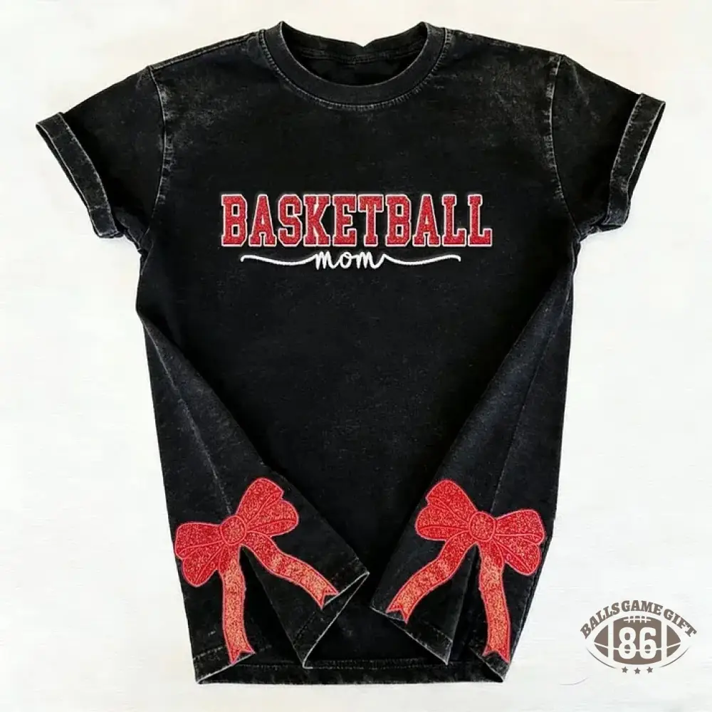 Basketball Mom Side Bow Washed T-shirt with Glitter Embroidered Coquette shirt