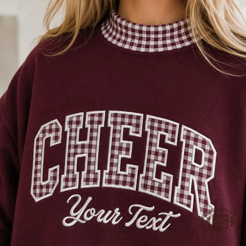 Burgundy Plaid Patchwork Sweatshirt for Women, CHEER Letter Print Oversized Crewneck Pullover