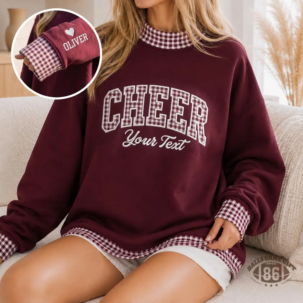 Burgundy Plaid Patchwork Sweatshirt for Women, CHEER Letter Print Oversized Crewneck Pullover