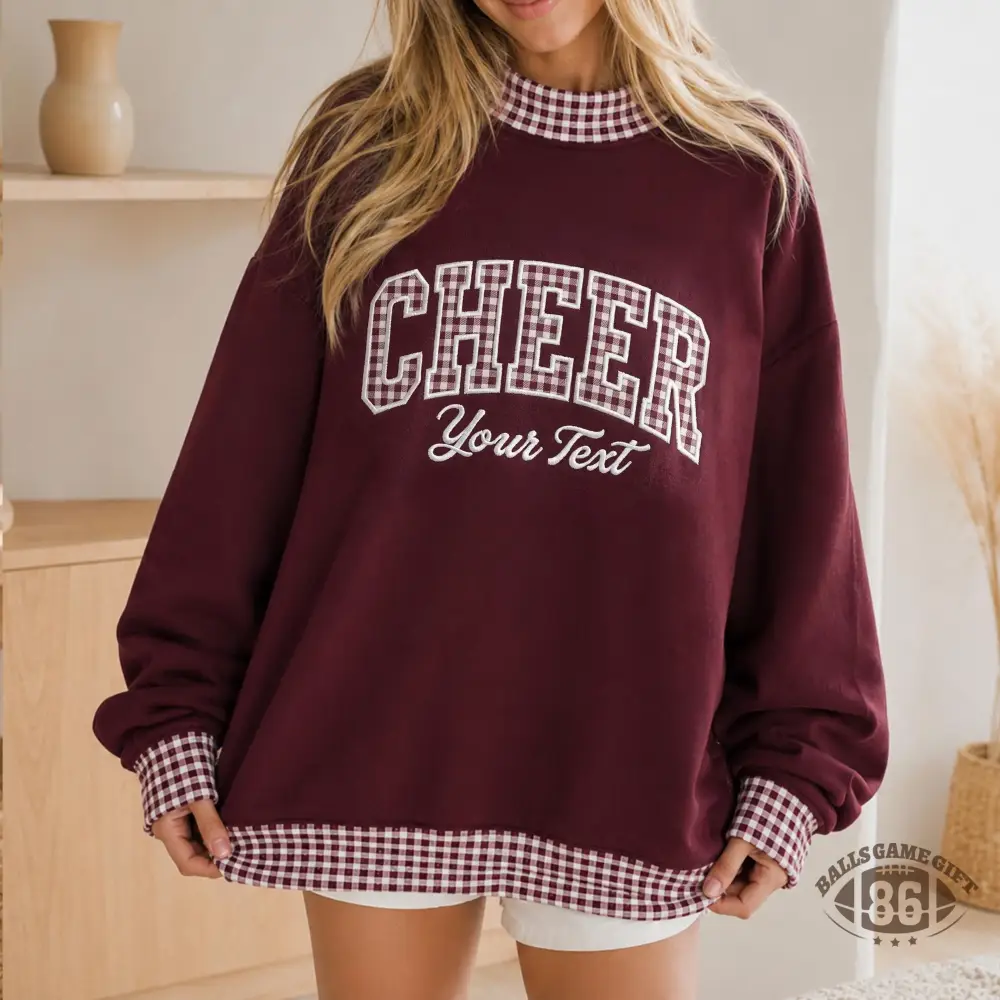 Burgundy Plaid Patchwork Sweatshirt for Women, CHEER Letter Print Oversized Crewneck Pullover