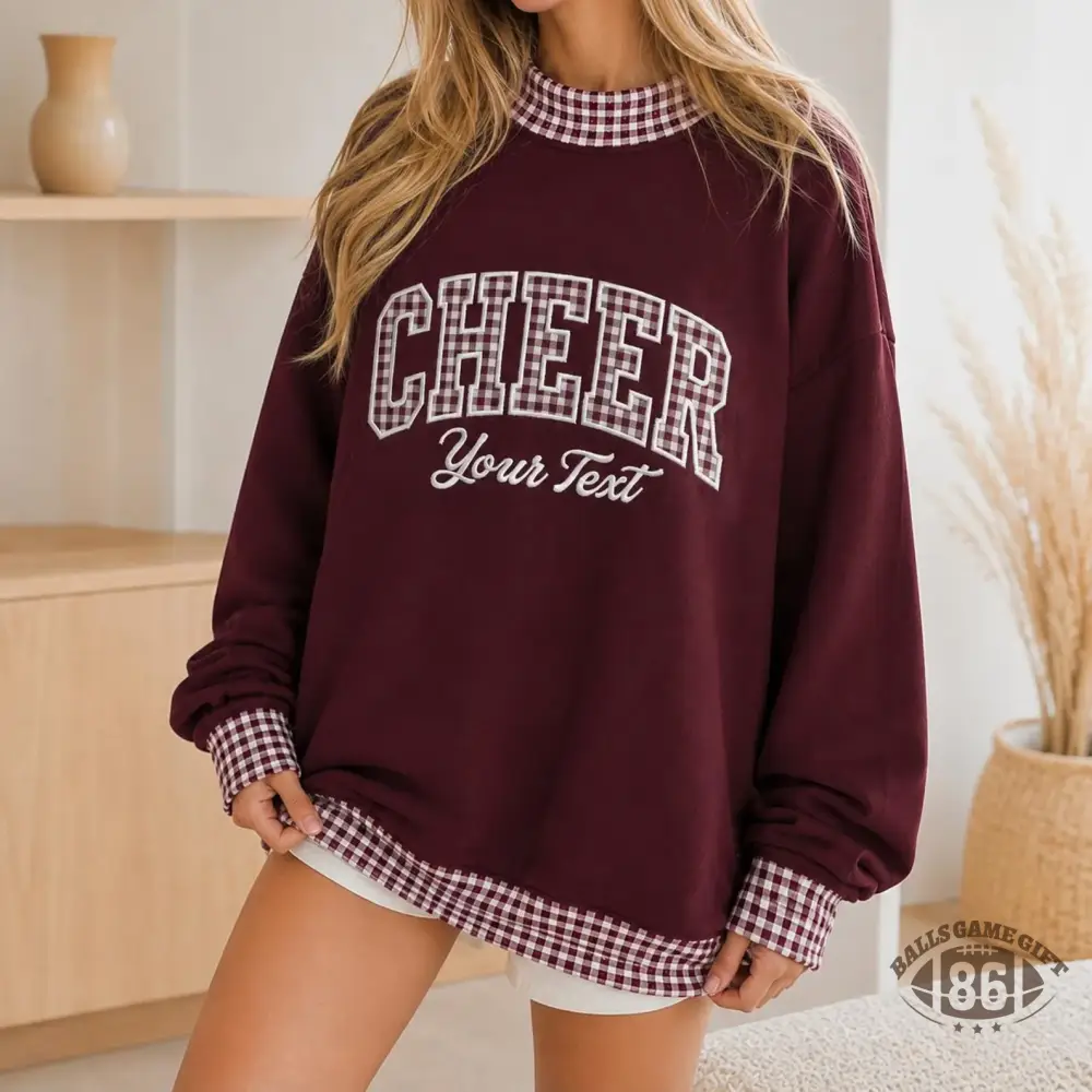 Burgundy Plaid Patchwork Sweatshirt for Women, CHEER Letter Print Oversized Crewneck Pullover