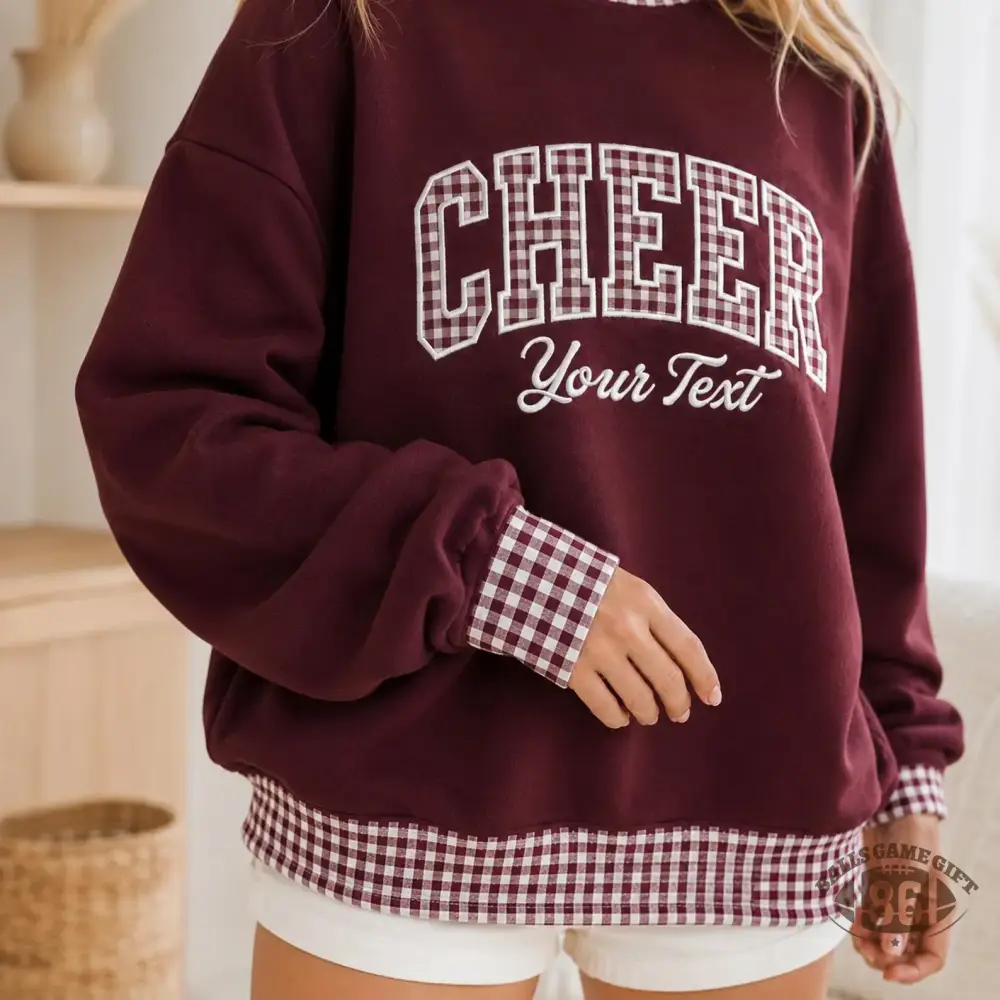 Burgundy Plaid Patchwork Sweatshirt for Women, CHEER Letter Print Oversized Crewneck Pullover