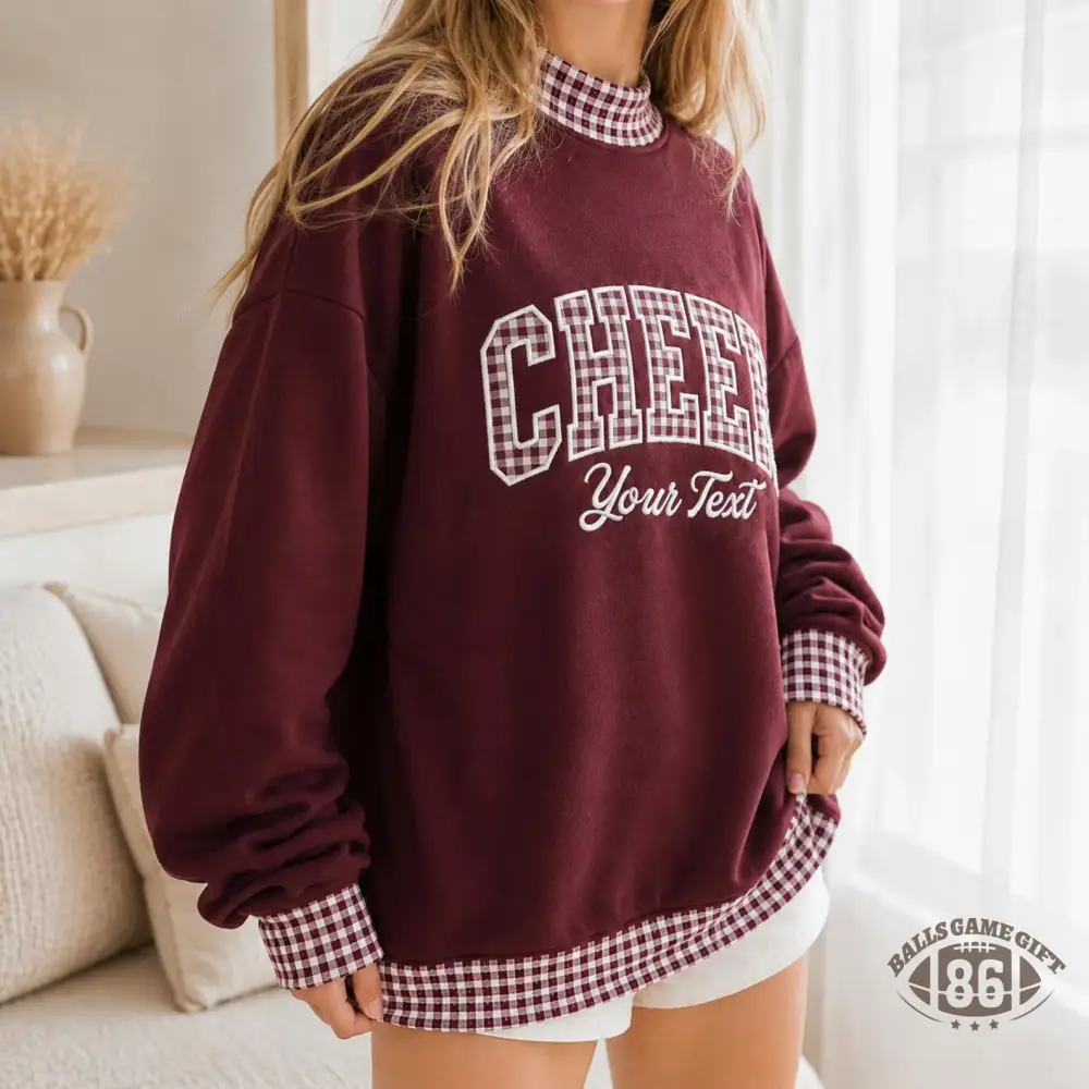 Burgundy Plaid Patchwork Sweatshirt for Women, CHEER Letter Print Oversized Crewneck Pullover