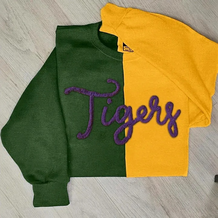 Personalized Chenille Yarn Embroidered Two Tone Sweatshirt School Mascot Split Sweatshirt