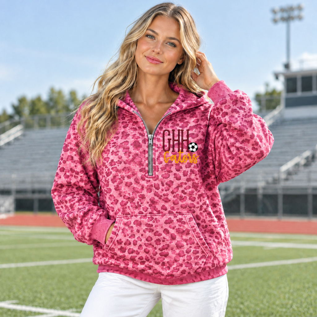 Custom Leopard Print Quarter Zip Hoodie, Personalized Game Day Team Pullover, Oversized Tailgate Outfit