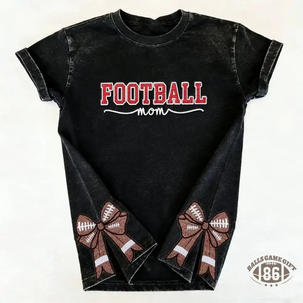 Glitter Embroidered Football Mom Proud Sport Mom Washed T-Shirt