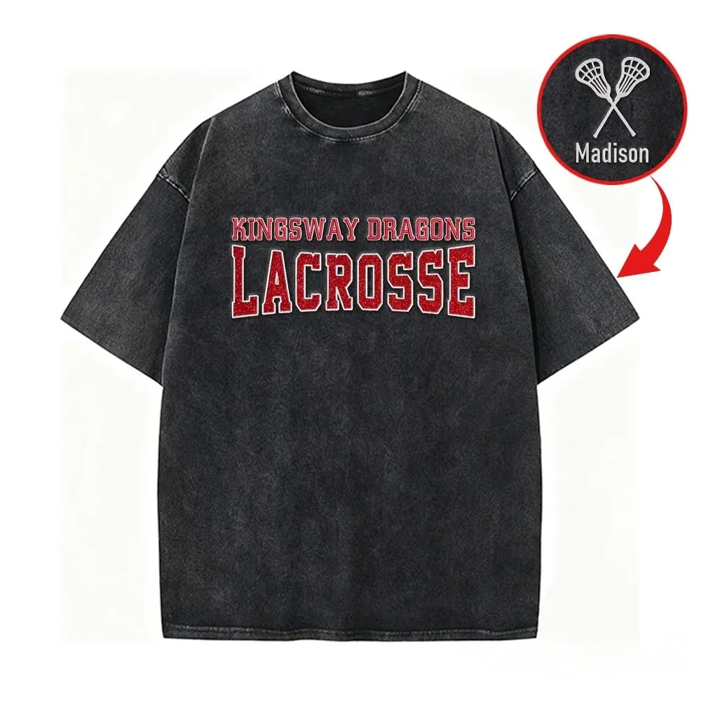 Custom Glitter Embroidered Lacrosse Washed T-shirt with School Name Team Spirit Shirt