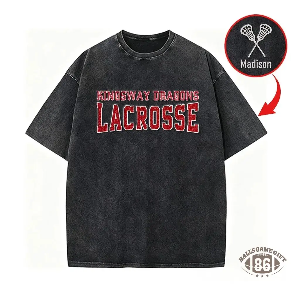 Custom Glitter Embroidered Lacrosse Washed T-shirt with School Name Team Spirit Shirt