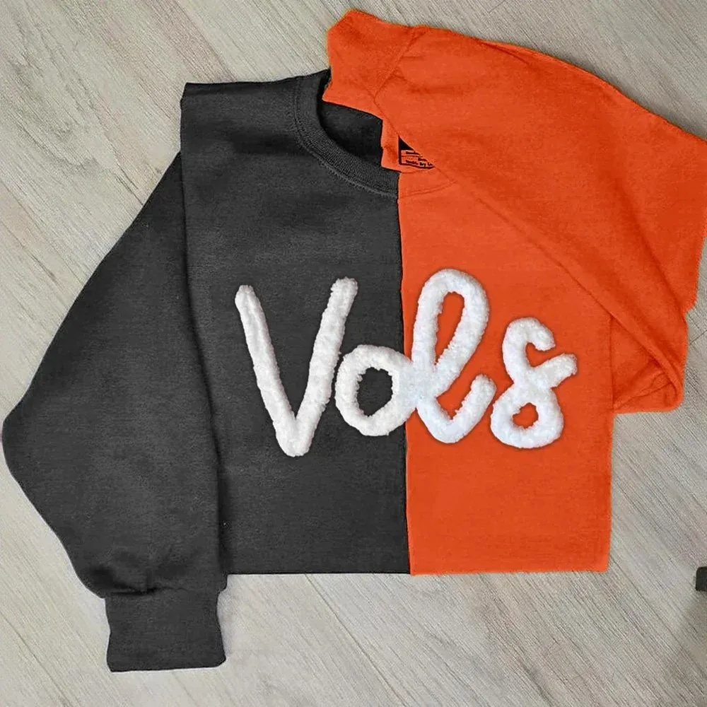 Personalized Chenille Yarn Embroidered Two Tone Sweatshirt School Mascot Split Sweatshirt