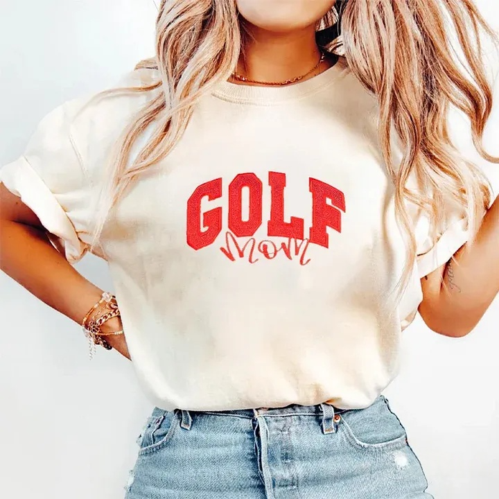 Personalized Custom Glitter Embroidered Golf Mom Washed T-Shirt