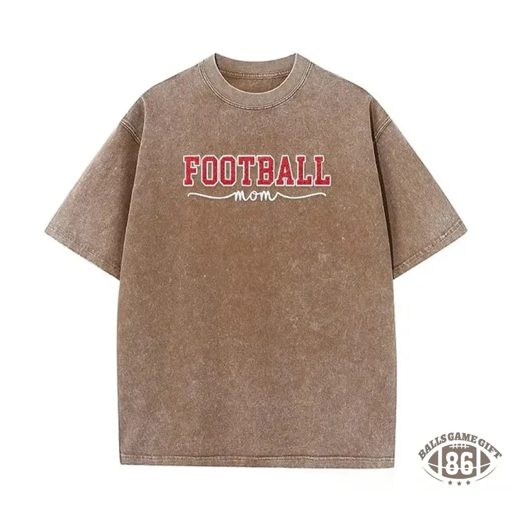 Glitter Embroidered Football Mom Proud Sport Mom Washed T-Shirt