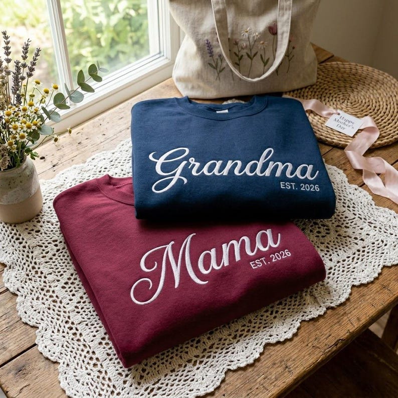 Embroidered Mama Grandma Sweatshirt Personalized Name On Sleeve Mothers Day Gift for Mom