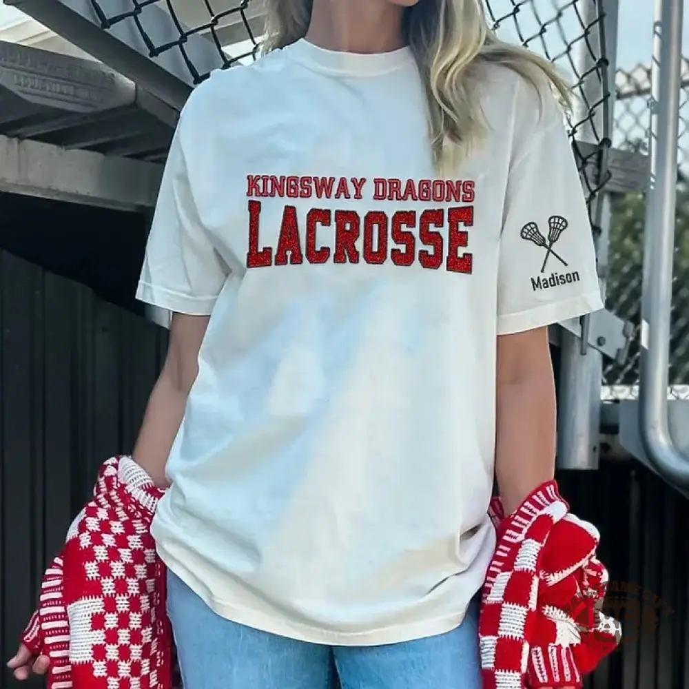 Custom Glitter Embroidered Lacrosse Washed T-shirt with School Name Team Spirit Shirt