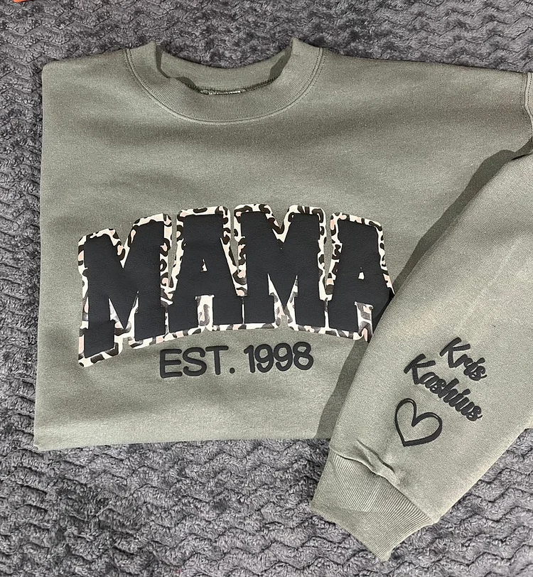Mama Leopard Puff Print Personalized Sweatshirt or Hoodie with Kids Name Sleeve Gift for Mom