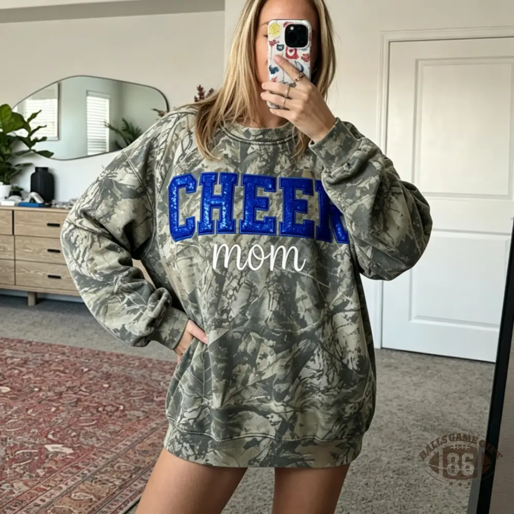 Camo Cheer Mom Sweatshirt, Custom Name Sequin Bow Crewneck Pullover, Camouflage Cheer Mama Top