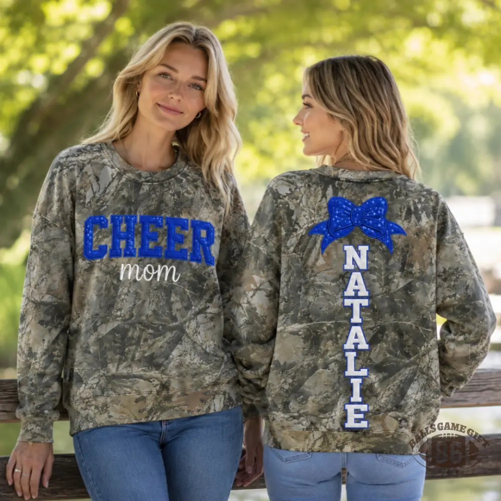 Camo Cheer Mom Sweatshirt, Custom Name Sequin Bow Crewneck Pullover, Camouflage Cheer Mama Top