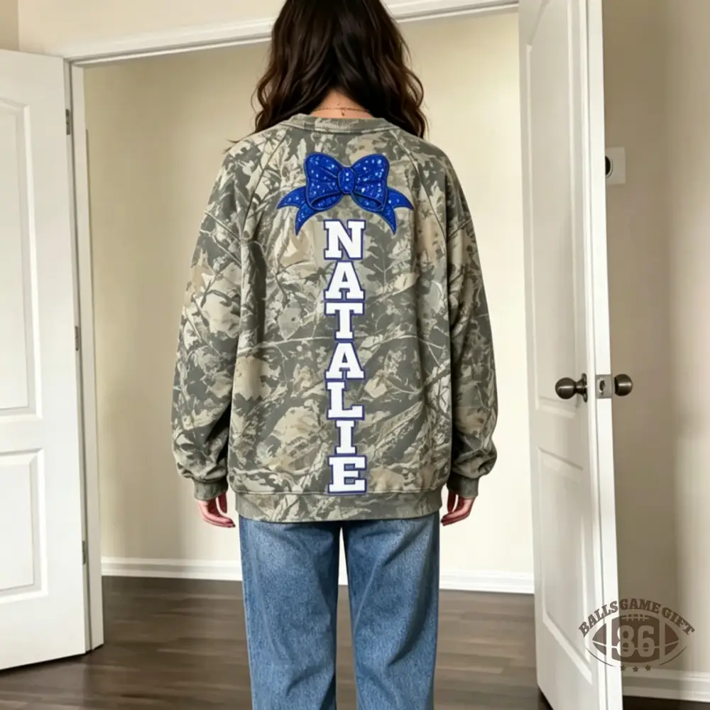 Camo Cheer Mom Sweatshirt, Custom Name Sequin Bow Crewneck Pullover, Camouflage Cheer Mama Top