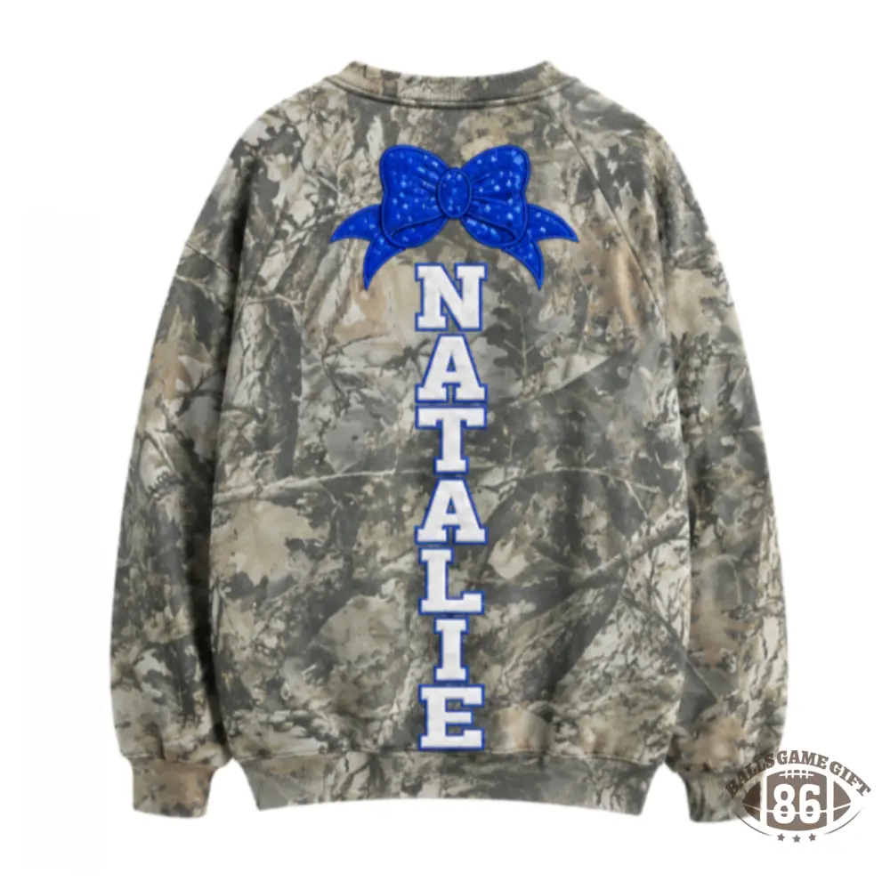 Camo Cheer Mom Sweatshirt, Custom Name Sequin Bow Crewneck Pullover, Camouflage Cheer Mama Top