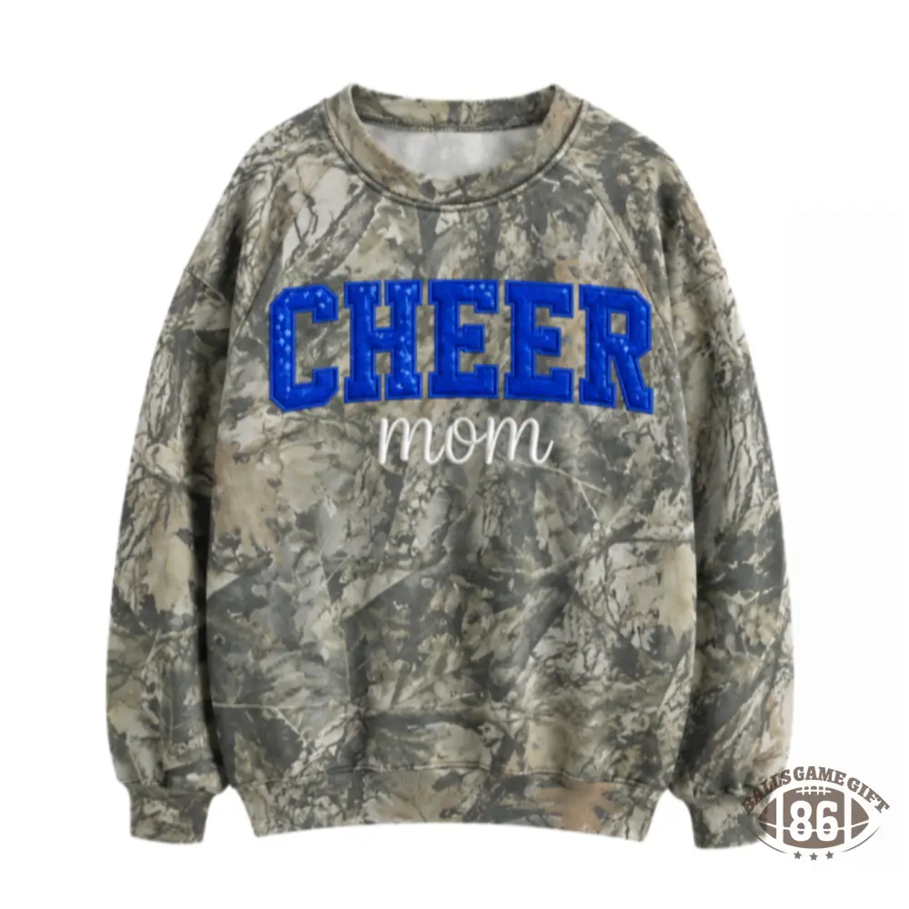 Camo Cheer Mom Sweatshirt, Custom Name Sequin Bow Crewneck Pullover, Camouflage Cheer Mama Top