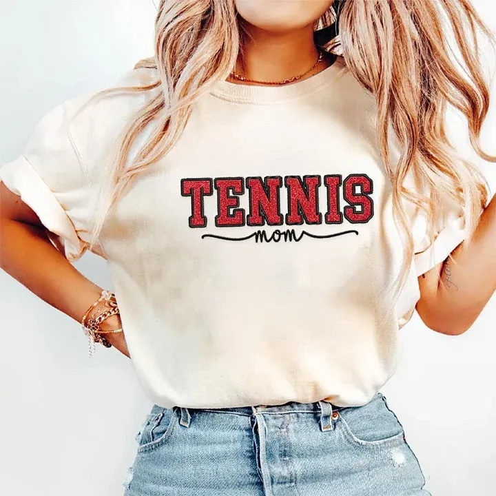Embroidered Tennis Mom Dad Washed T-Shirt with Glitter Side Bow Vintage T-shirt