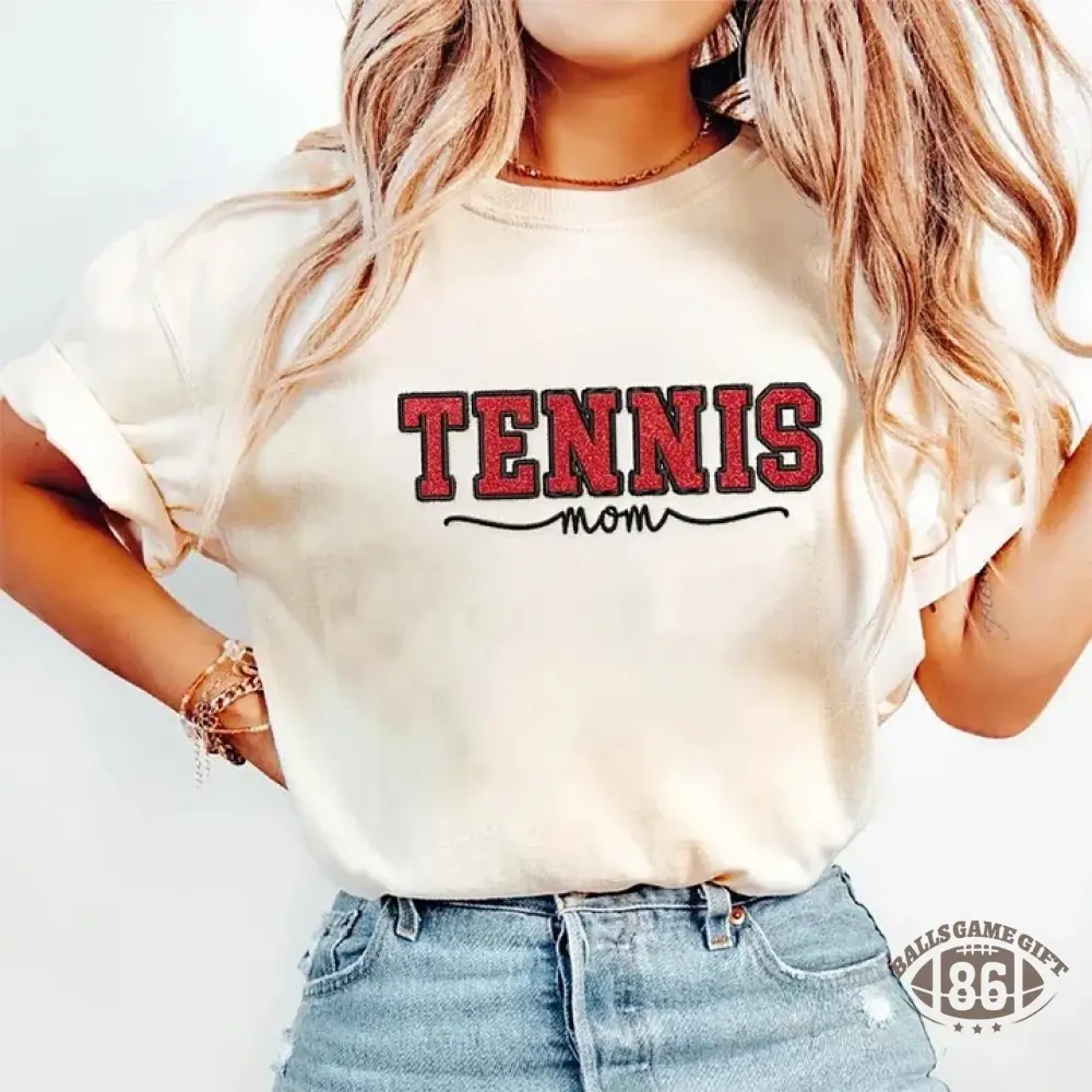 Embroidered Tennis Mom Dad Washed T-Shirt with Glitter Side Bow Vintage T-shirt