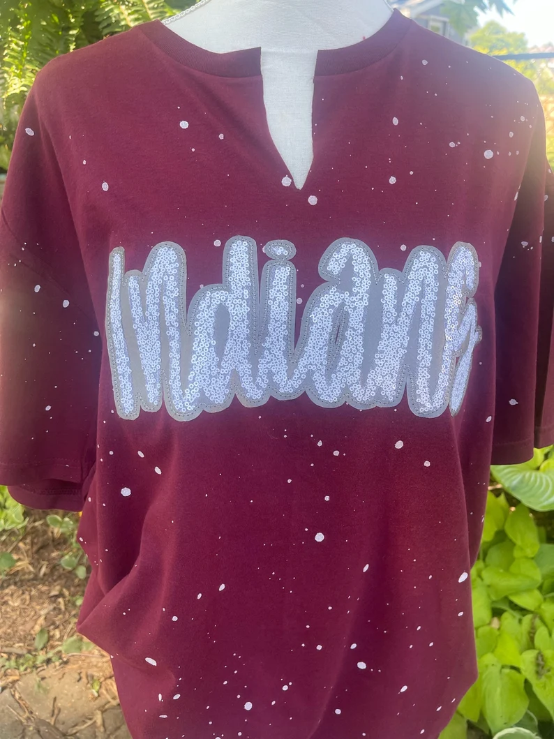 Customizable Sequin Team Name Bleached V-Neck T-Shirt - Personalized Game Day Tee